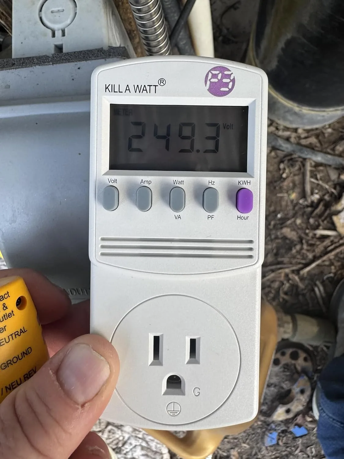 Customer photo of power meter display showing phantom load measurement reading