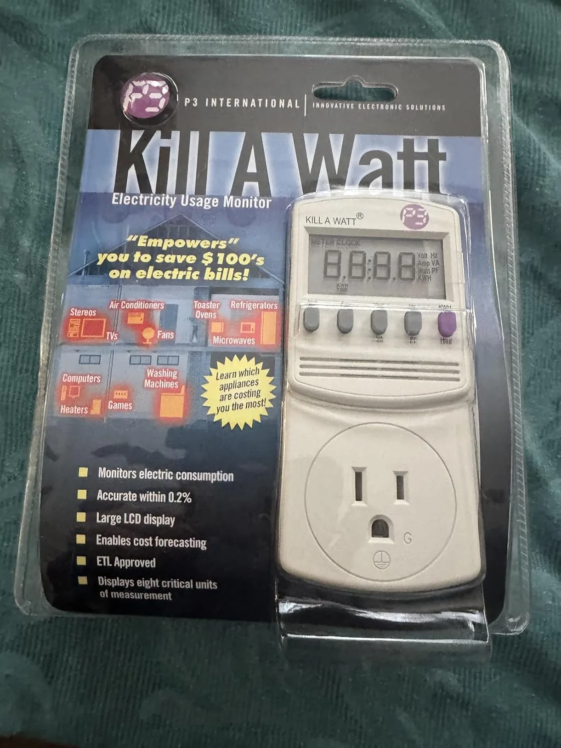 Customer photo of power meter display showing phantom load watts being measured on an appliance