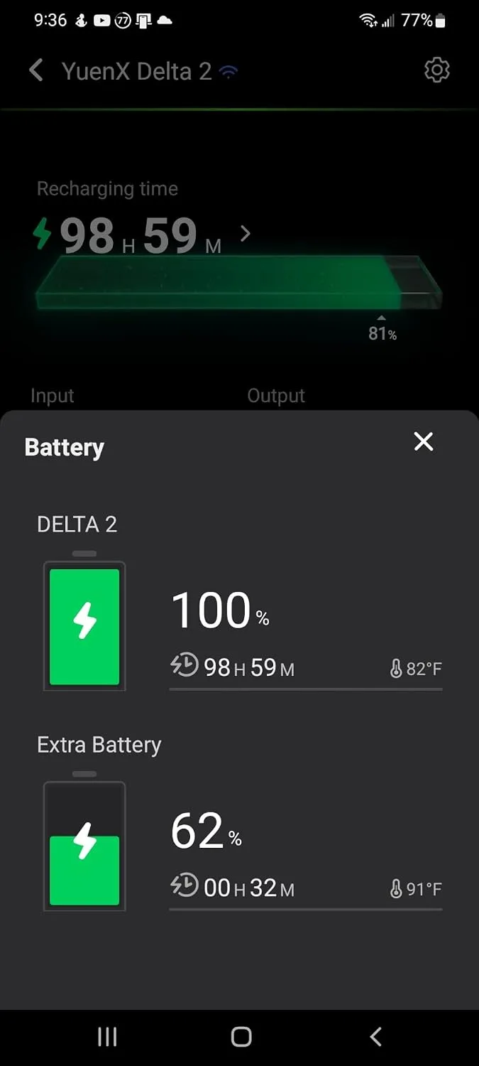 Customer photo of power station display screen showing real-time wattage output during runtime test