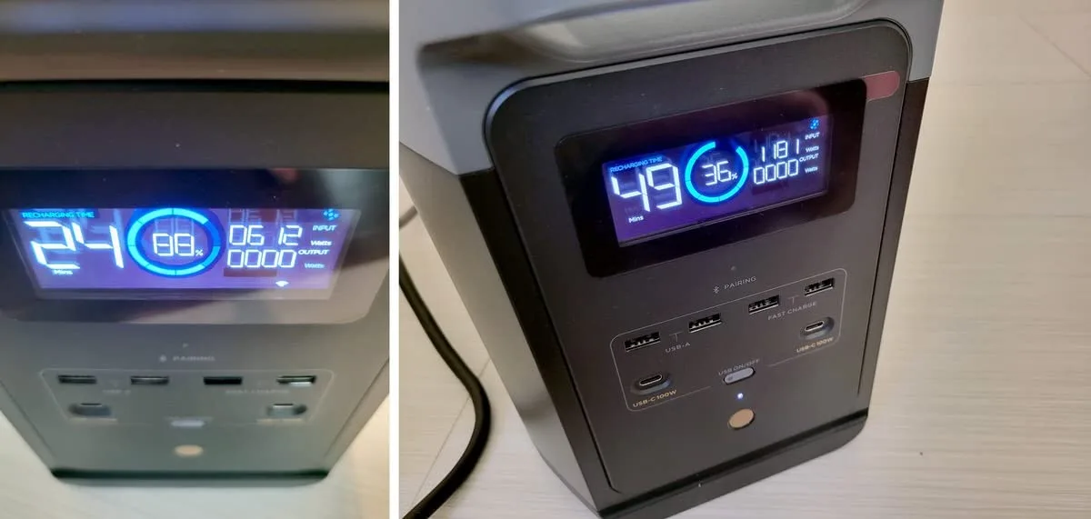 Customer photo showing power station display screen during runtime test measuring actual battery drain
